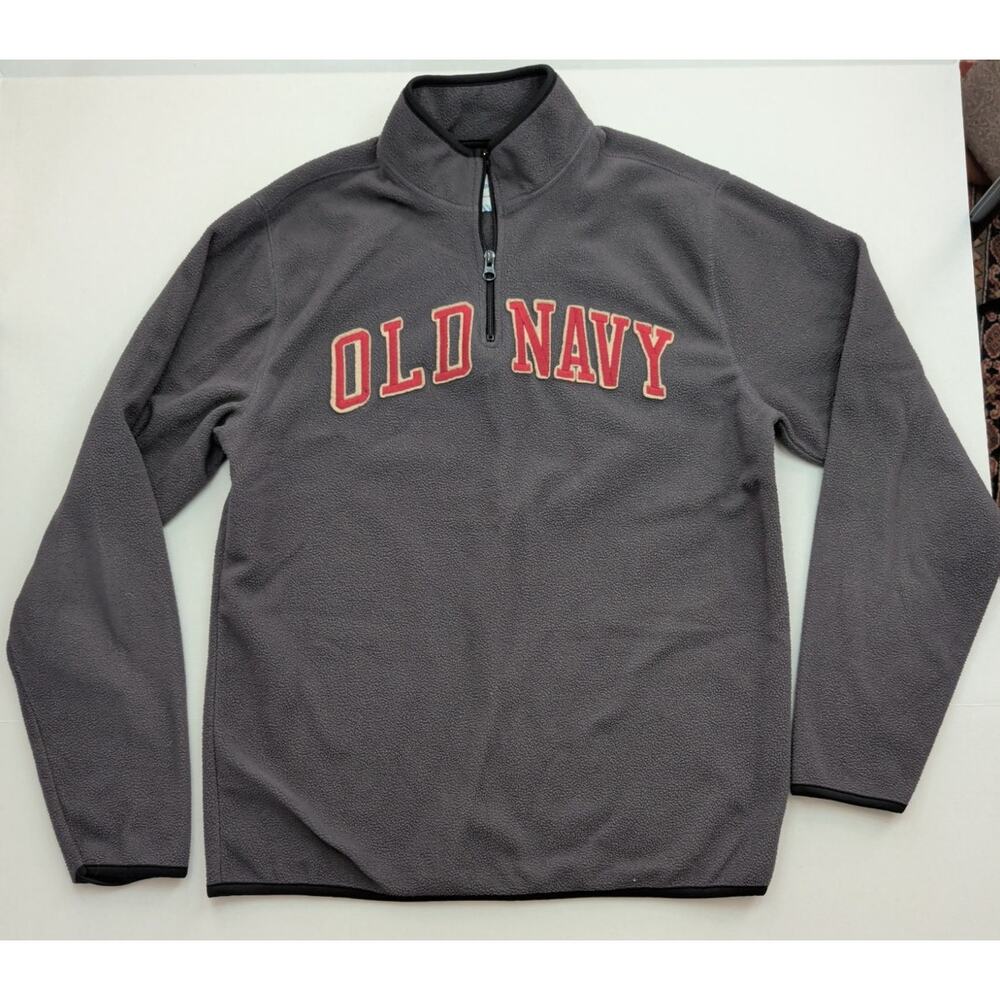 VTG Old Navy Gray Fleece Qtr Zip Pullover Red Embroidered Logo Sz M Black Piping